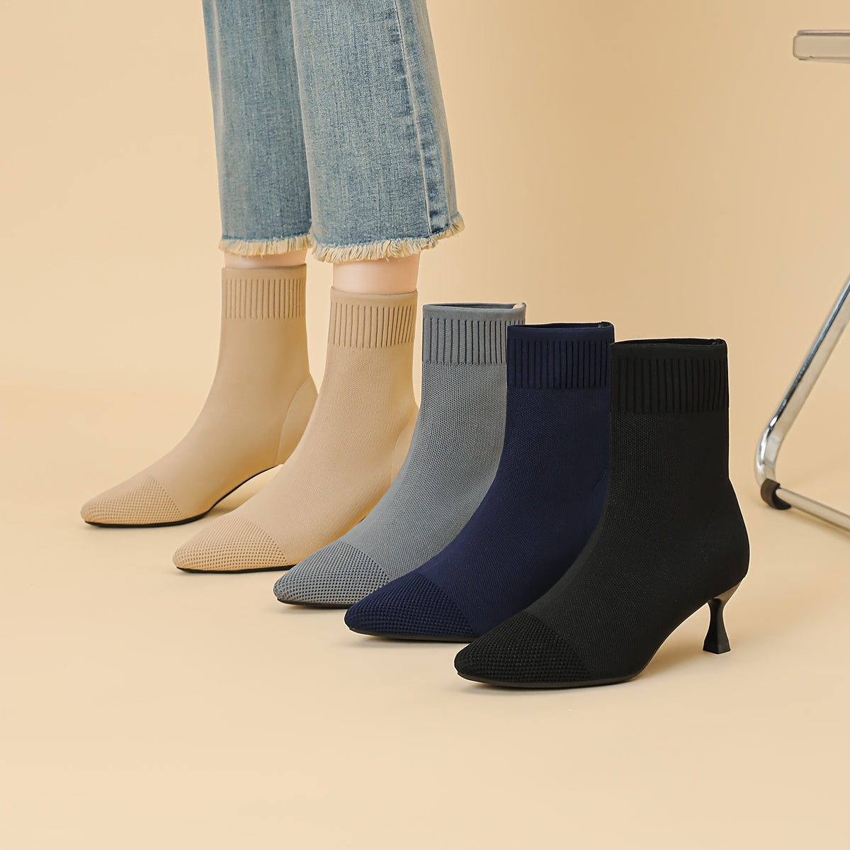 Women's Solid Color Breathable Fabric Ankle Boots Pointed Toe Stilettos