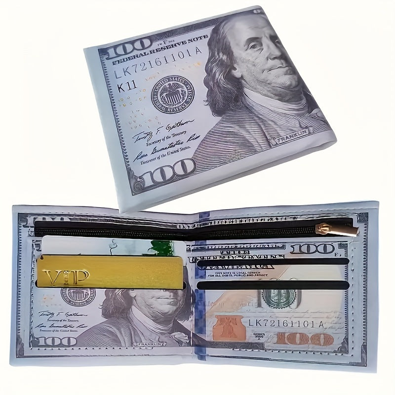 Men's Vintage PU Leather Wallet with Dollar Bill Design and Zipper Coin Pocket