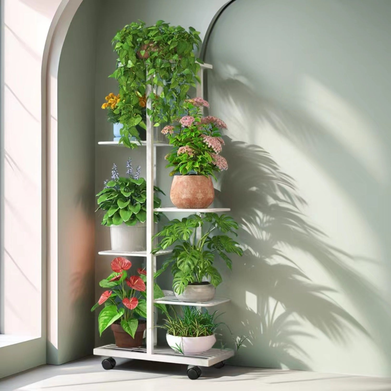 Multi-Functional 6-Tier Metal Plant Stand with Wheels Indoor Outdoor Space-Saving Black White