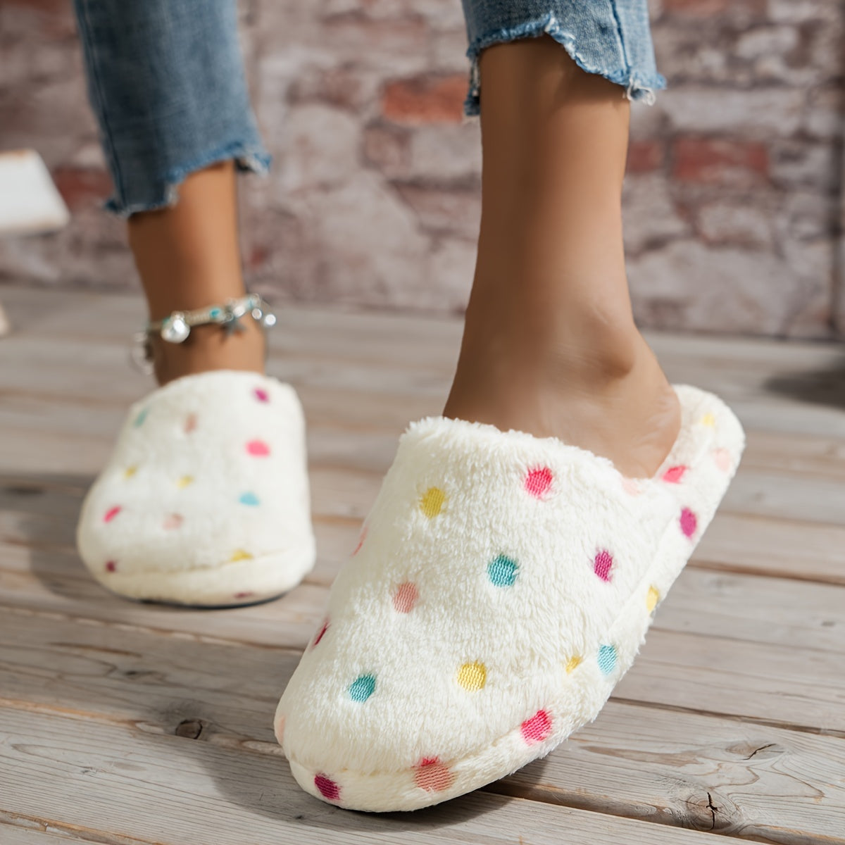Women Colorful Polka Dot Plush Indoor Slippers Unisex Washable Comfortable