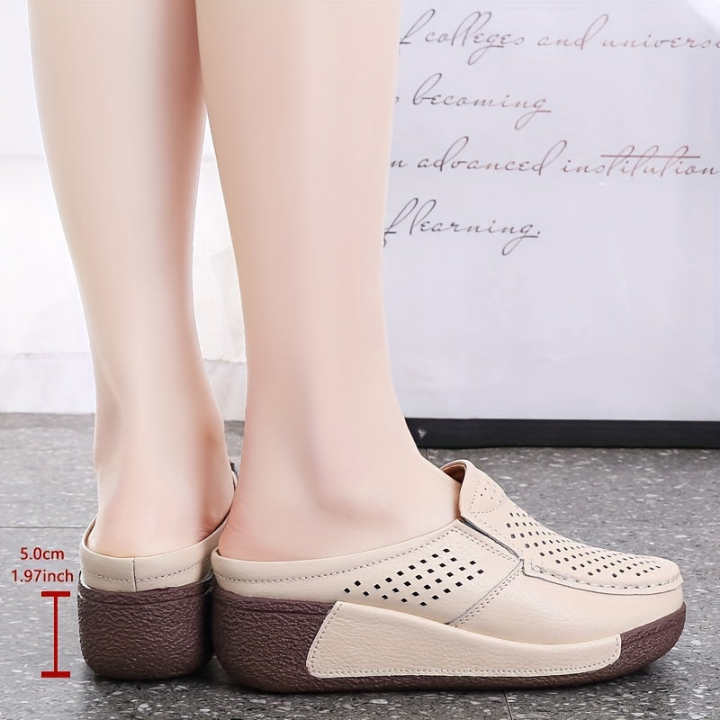 Women's Slip-On Loafers Summer Hollow-Out Round Toe Soft Non-Slip Comfort Leather