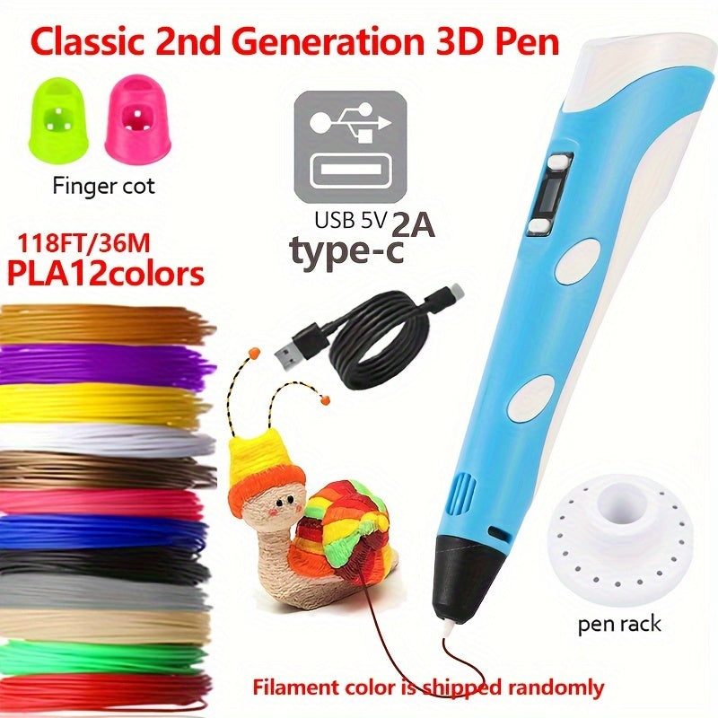 Second-Generation 3D Printing Pen Set with Stepless Speed Control Display Screen 12 Colors PLA Filament