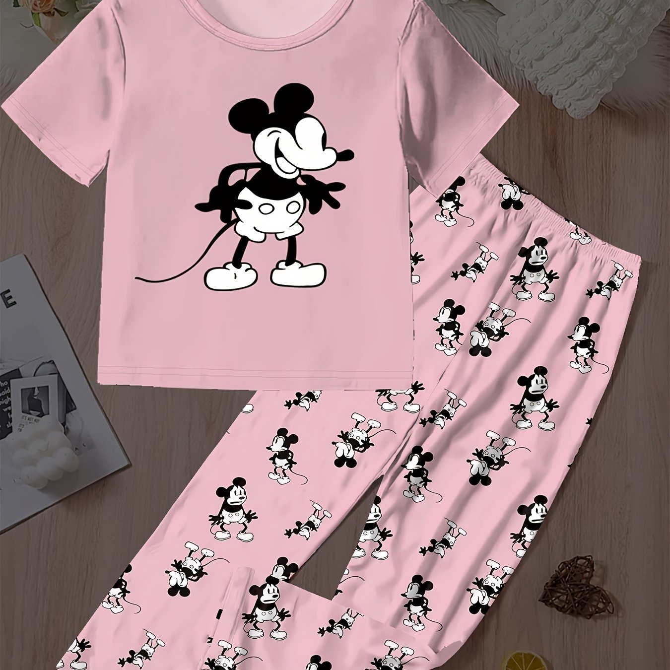 Women's Plus Size Cozy Pajama Set Short Sleeve Top and Pants Lounge Wear