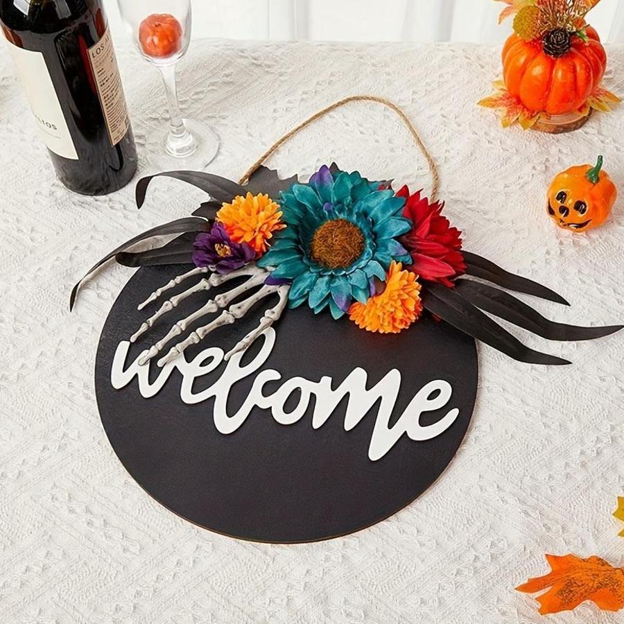 Wooden Halloween Door Sign Yellow Black Wreath Welcome Decoration