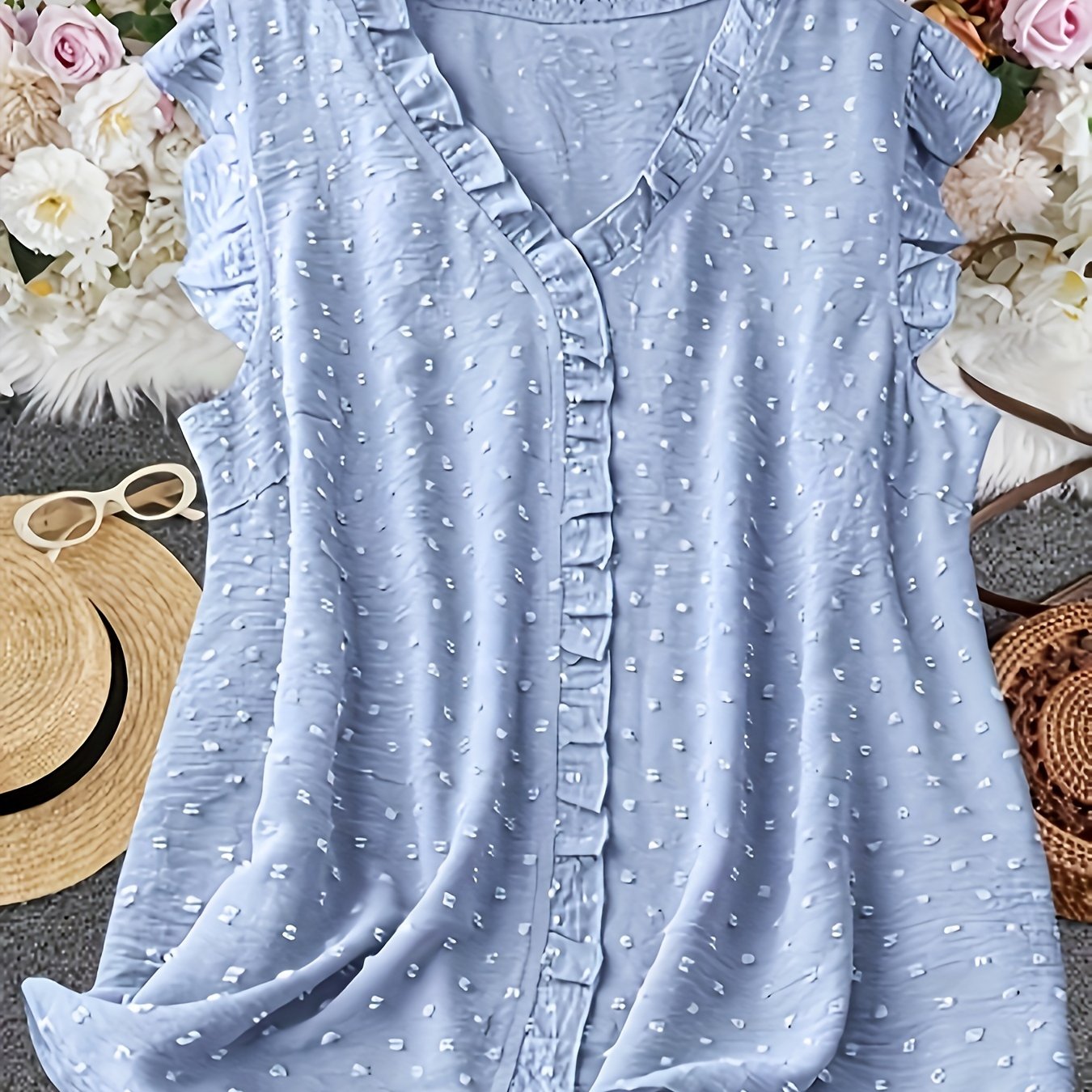 Plus Size Swiss Dot Blouse with Frill Trim V-Neck Summer Casual Women