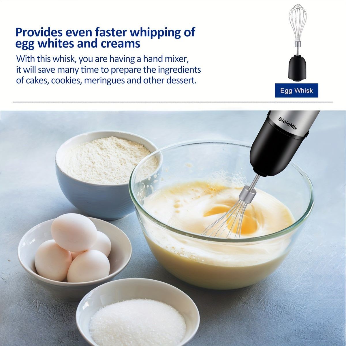 1200W qoʻl bilan ishlovchi mikser, tuxum uruvchi, maydalash qutisi va smuzi stakani bilan, zanglamaydigan poʻlatdan yasalgan oshxona texnikasi