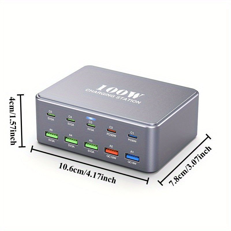 Cargador rápido USB C 100W GaN, concentrador de 10 puertos para iPhone, iPad y dispositivos Samsung