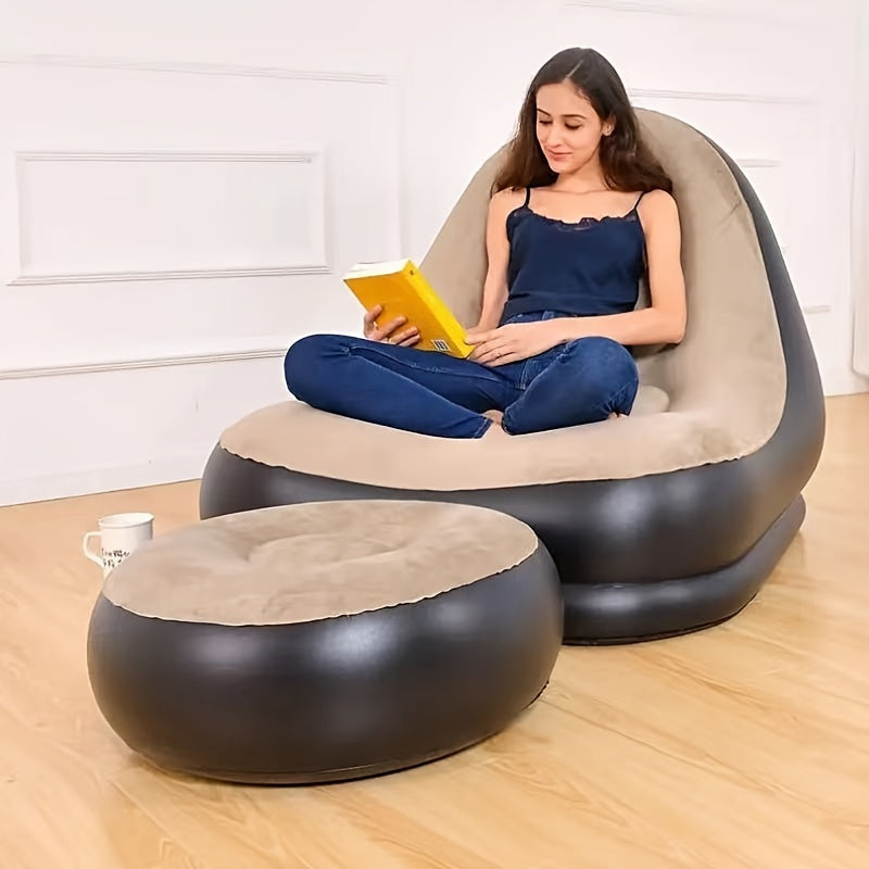 Conjunto de sofá inflable casual en color caqui con reposapiés, sillón reclinable plegable para exteriores, sofá perezoso