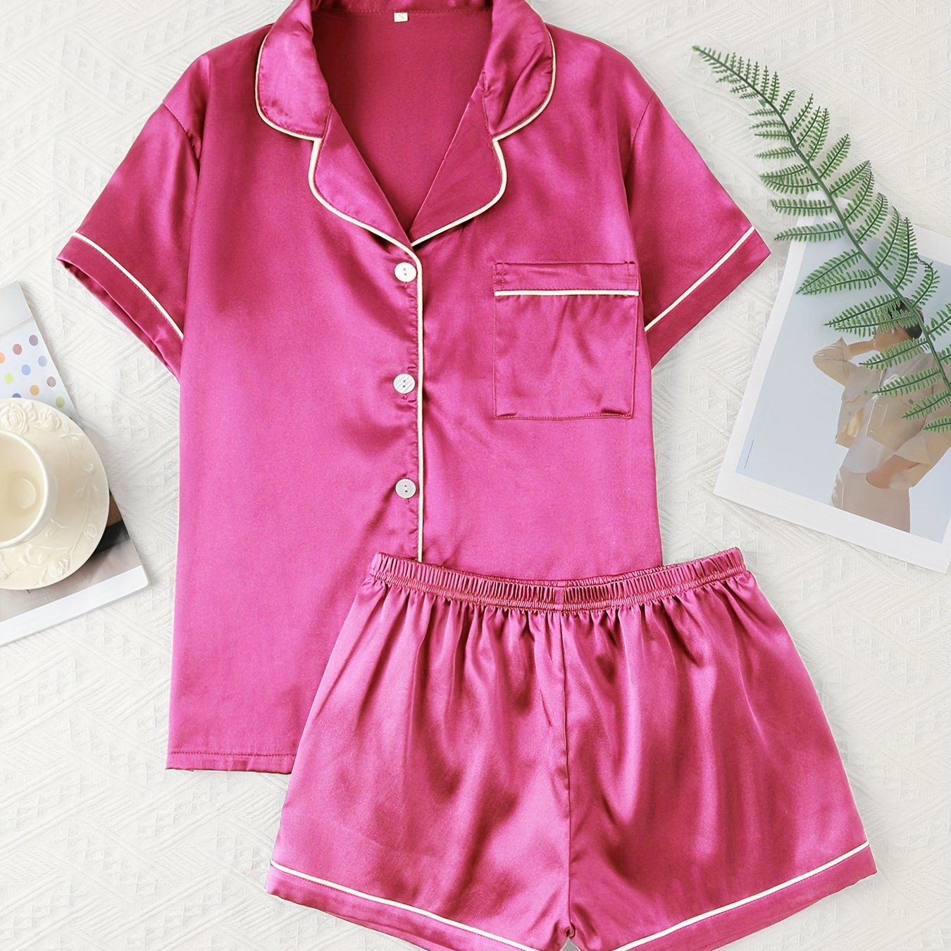 Adult Satin Solid Color Double Shorts Pajama Set