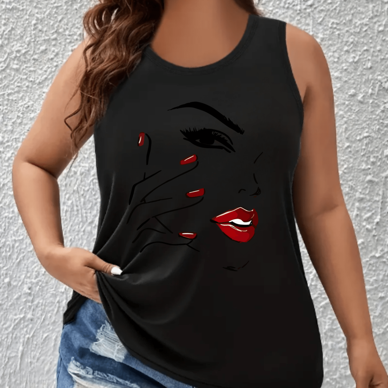 Women's Off-Shoulder Vest Top with Red Lips Print Breathable Stretchy Fabric
