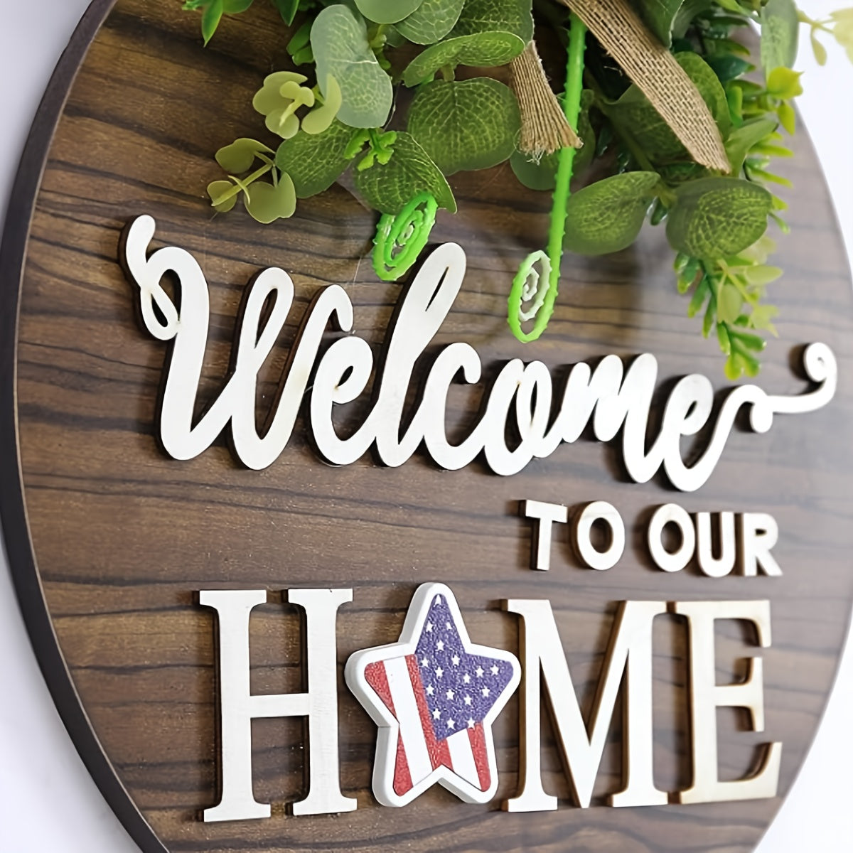 Round Wooden Door Hanger with Garland Rustic Welcome Sign Farmhouse Porch Decor All Seasons