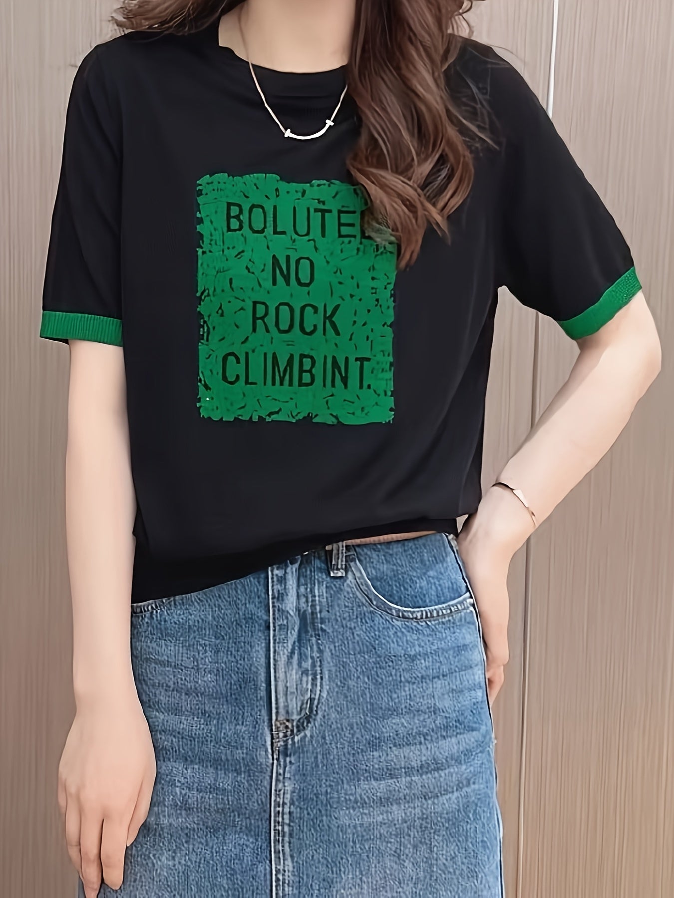 Plus Size Women's Summer Casual Short Sleeve Top Black Green Lettering Breathable Stretchy