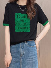 Plus Size Women's Summer Casual Short Sleeve Top Black Green Lettering Breathable Stretchy