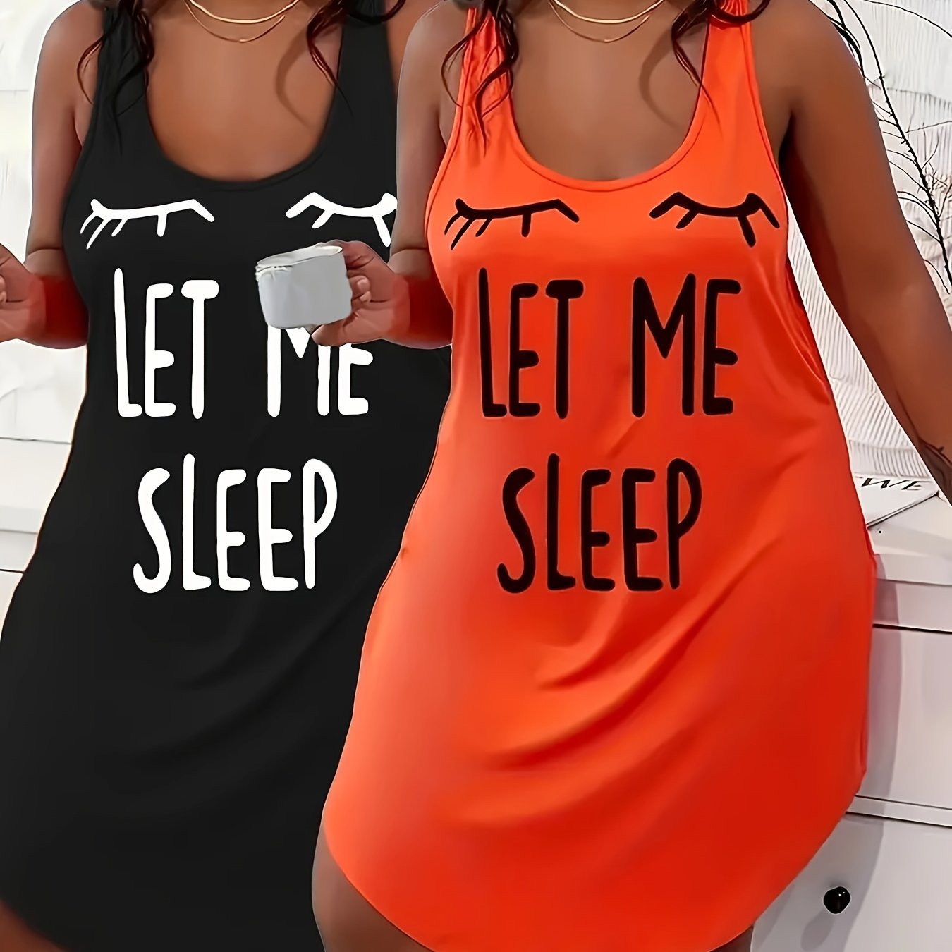 Plus-Size Women's Casual Pajama Set Letter Print Tank Nightgown Summer Sleepwear