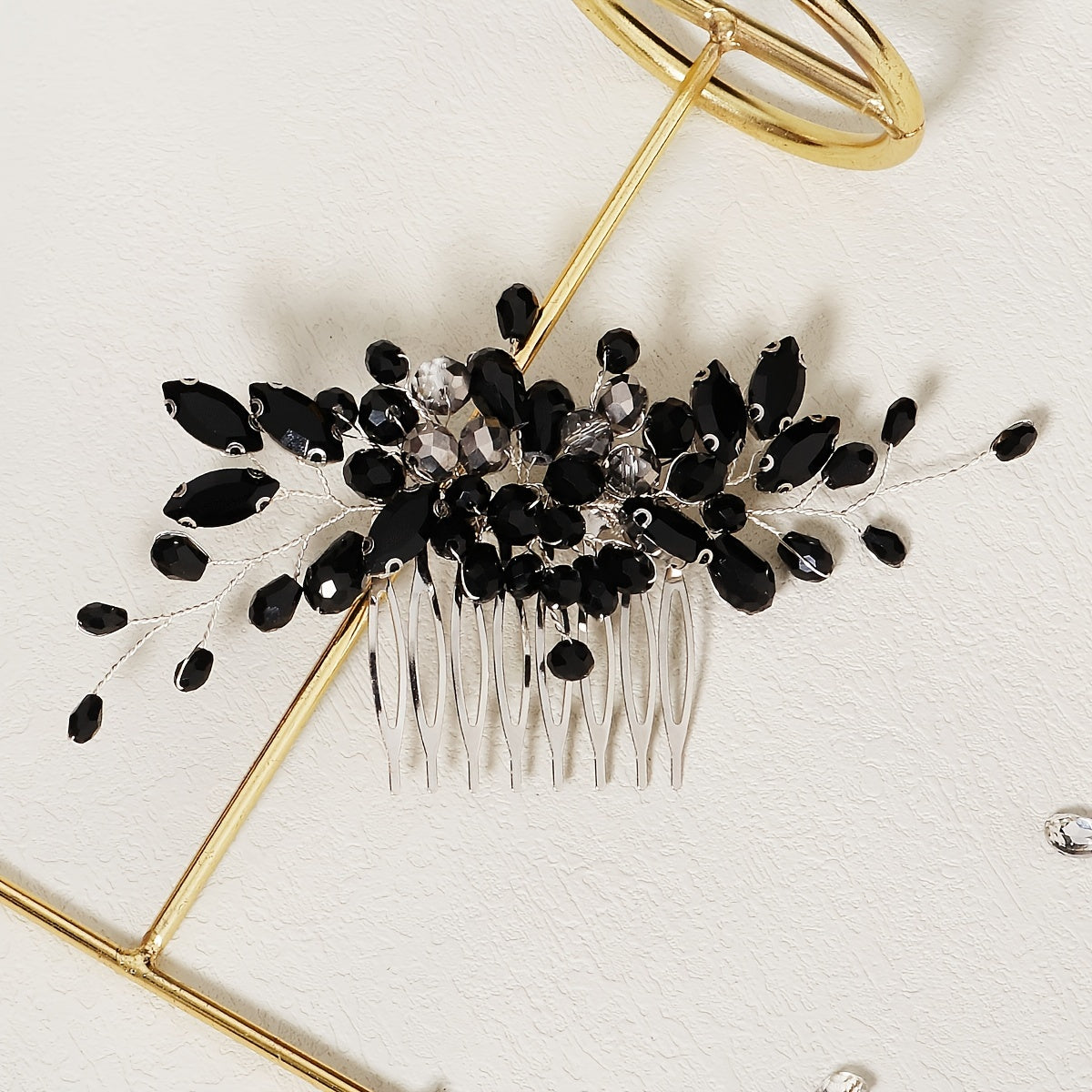 Black Hair Comb with Bridal Crystal Rhinestones and Bead Hair Clip for Weddings