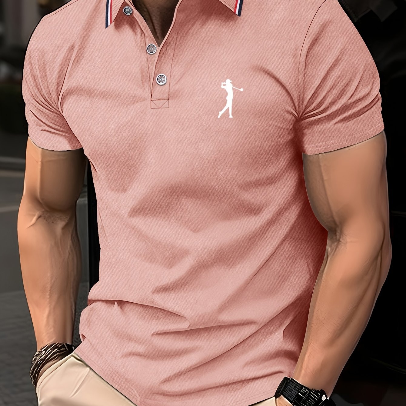 Men's Summer Golf Print Polo Shirt with Geometric Pattern and Short Sleeves