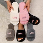 Women's Faux Fur Slip-On Slippers with "LOVE" Print Indoor Outdoor Comfort