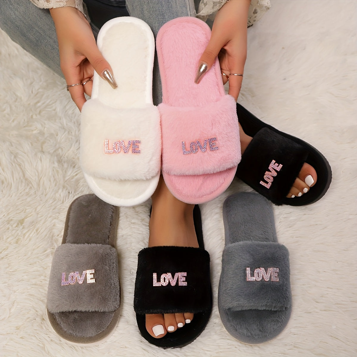 Women's Faux Fur Slip-On Slippers with "LOVE" Print Indoor Outdoor Comfort
