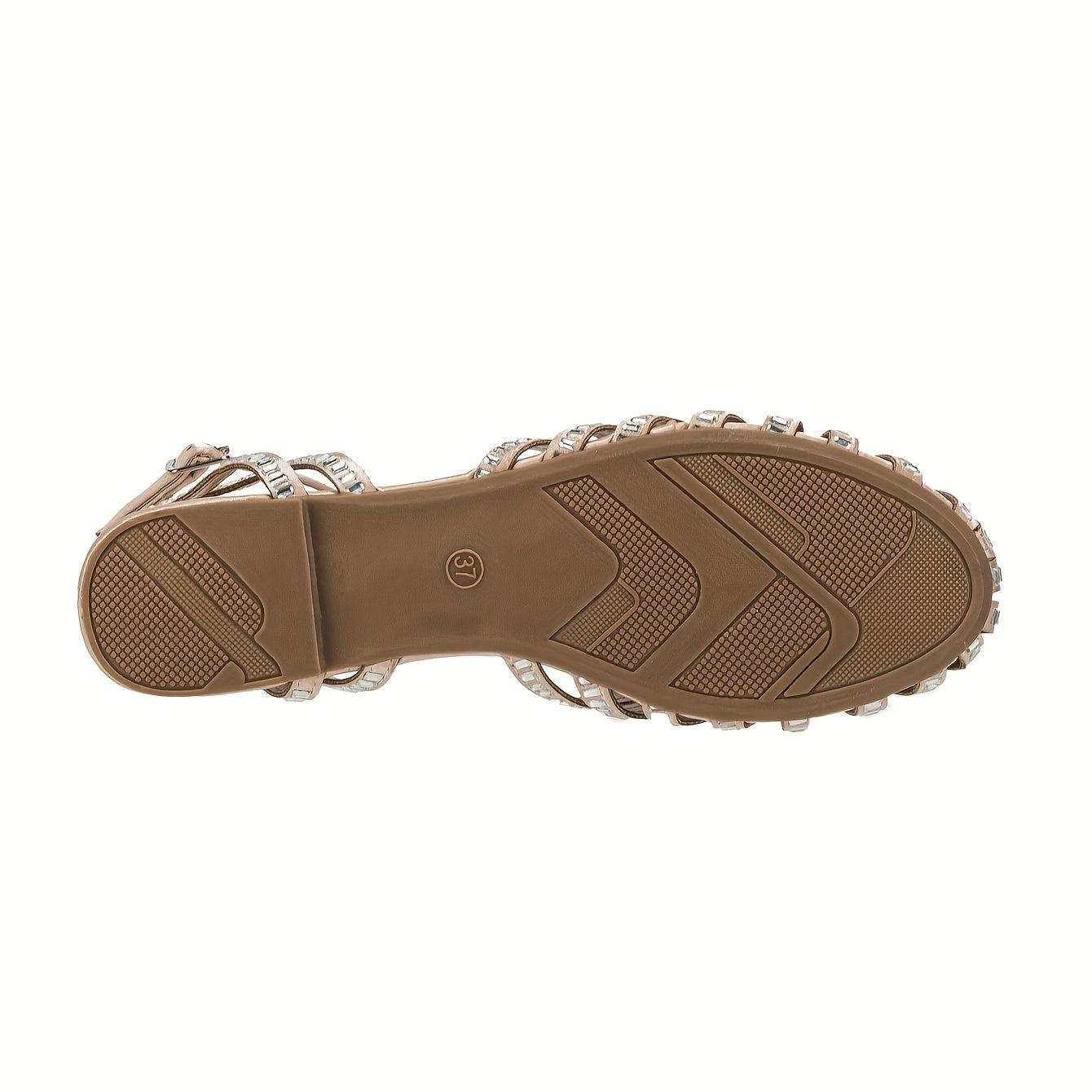 Women's Beige Flat Sandals with Rhinestones Ankle Strap for Summer Parties