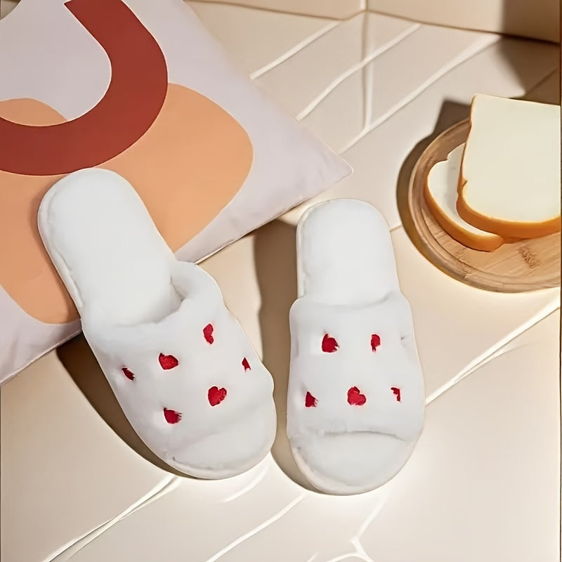 Heart-Shaped Plush Slippers for Women All-Season Non-Slip Soft Sole Bedroom Valentine's Day
