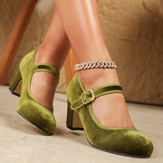 Women Velvet Mary Jane Pumps Adjustable Strap Chunky Heel Brown