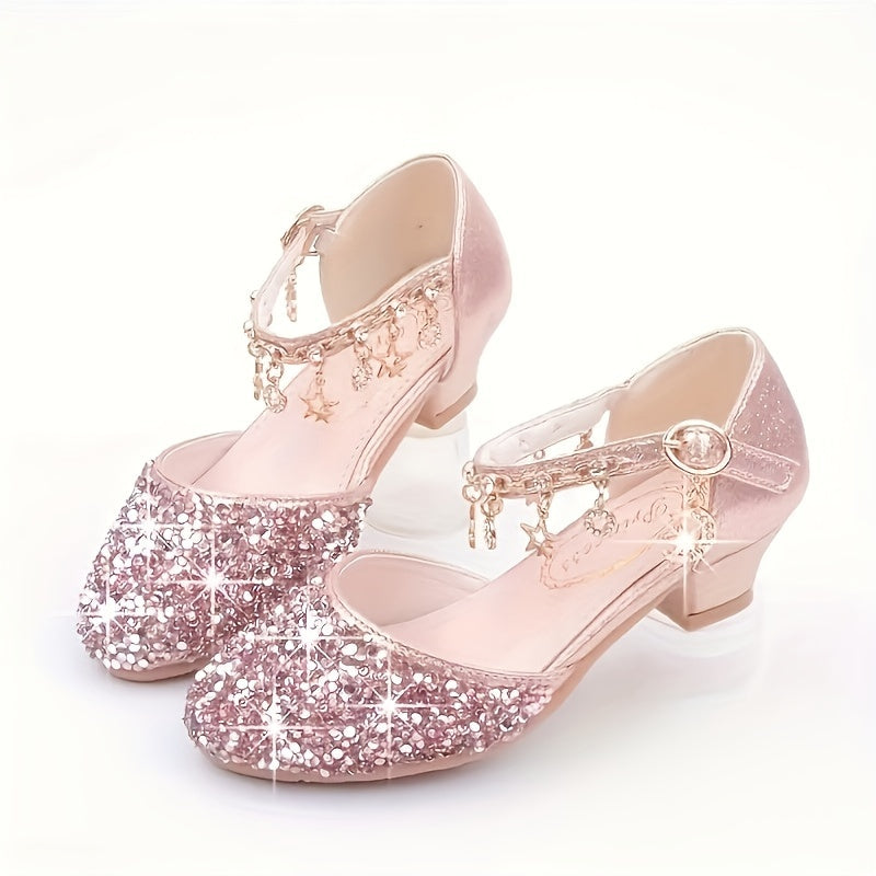 Girls High Heels Sparkling Glitter Sequin Rhinestone Star Dress Shoes for Weddings Performances