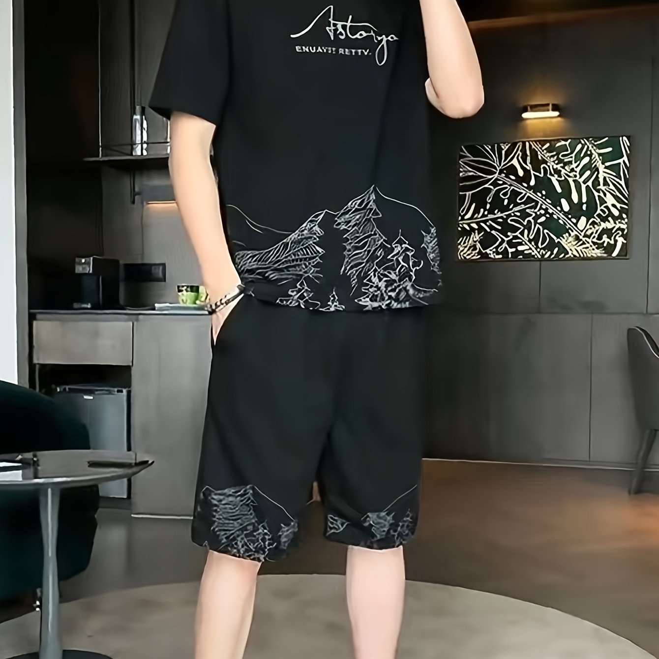 Conjunto casual de hombre de 2 piezas, camiseta de manga corta y pantalones cortos con cordón, poliéster, moda de verano