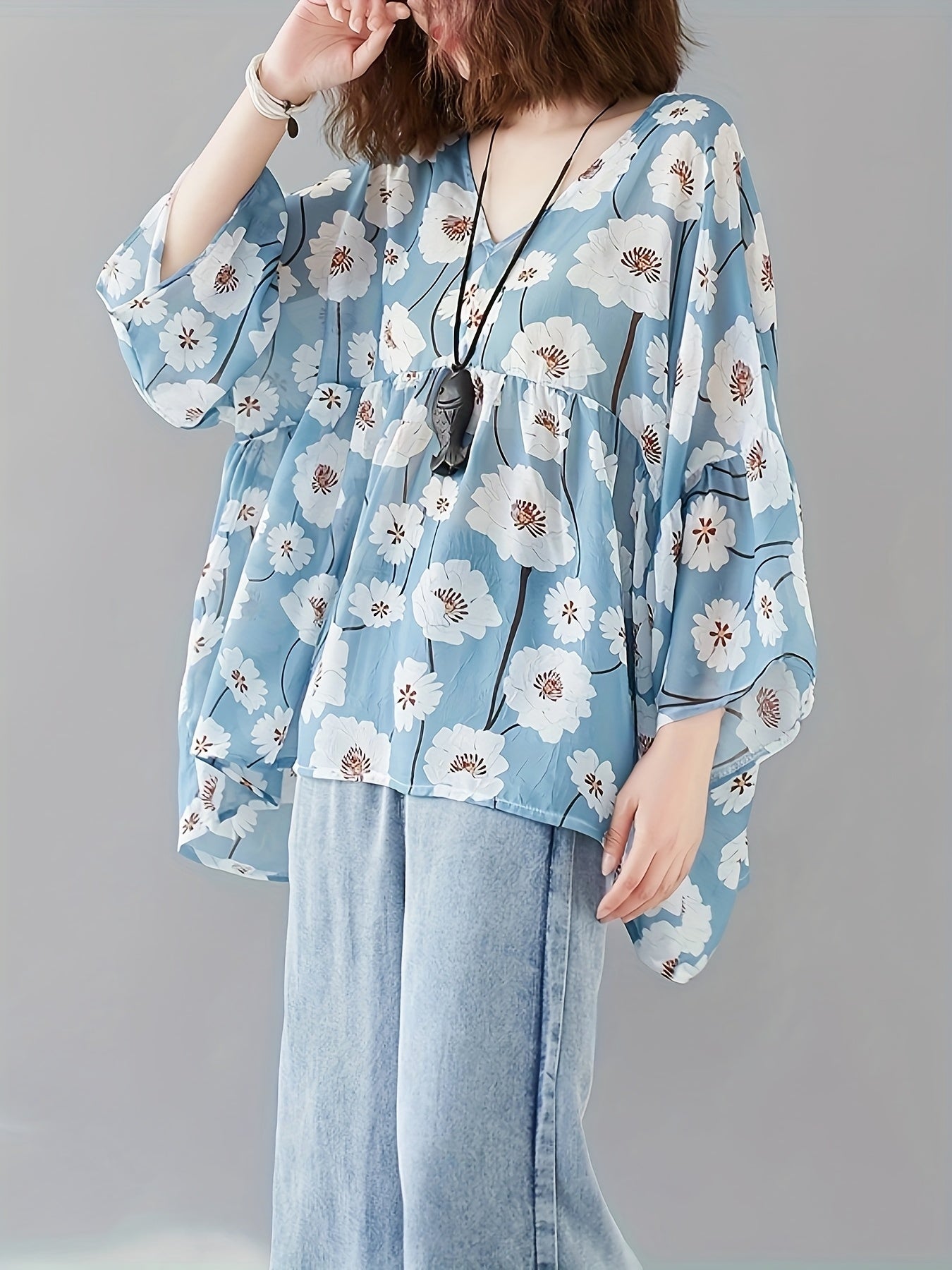 Plus Size Women's Floral Print Chiffon V-Neck T-Shirt Summer Top