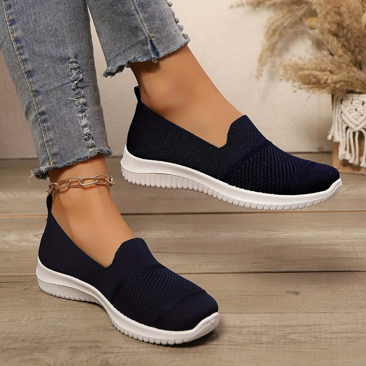 Women's Lightweight Breathable Slip-On Sneakers Knit Fabric White Sole All-Season