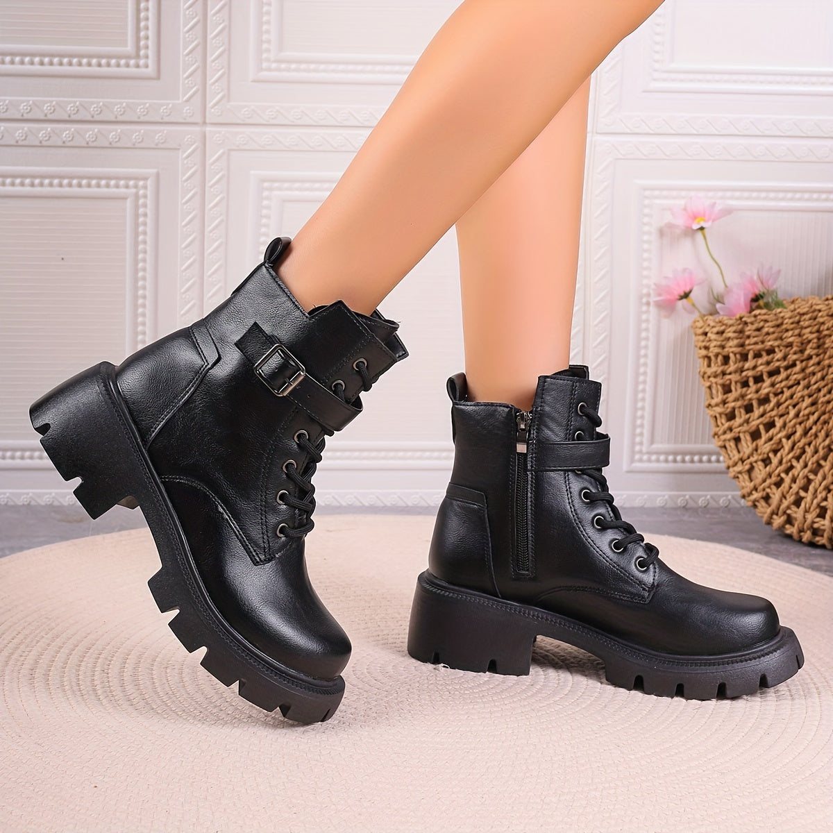 Women's Solid Color Casual Boots With Side Zipper Buckle Durable Sole
