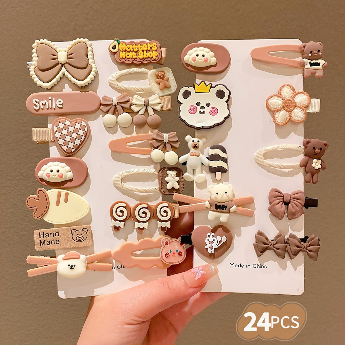 10/14/24 dona jigarrang soch kliplari qizlar uchun, kuz-qish mavsumi, multfilm bosh kiyimlari, mato bo'lmagan material