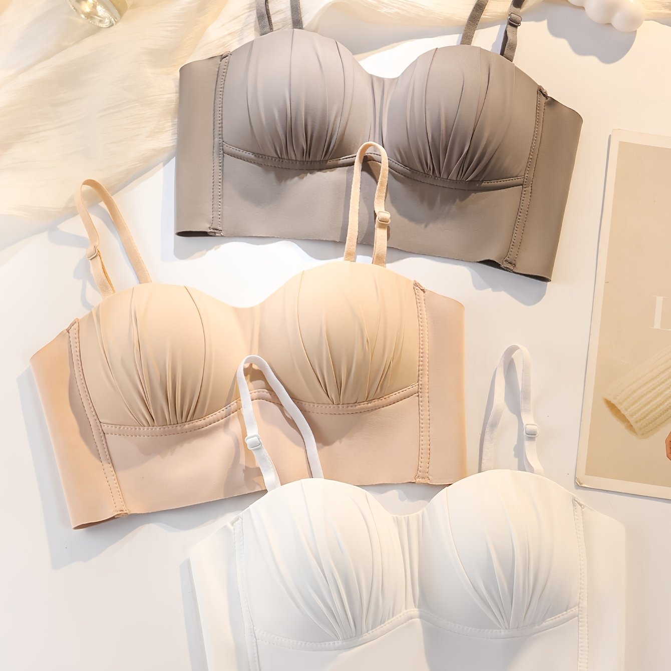 3-to'plamli uzluksiz simsiz ko'ylaklar, ayollar uchun o'rta qo'llab-quvvatlash, naylon to'qilgan, bir rangli, strapless bandeau