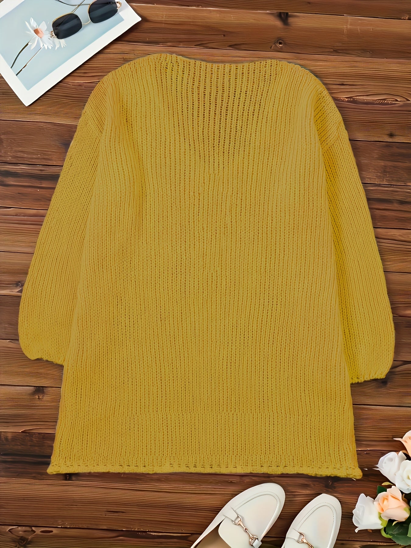 Women's Plus Size V-Neck Sweater Ribbed Texture Long Sleeve Casual Mustard