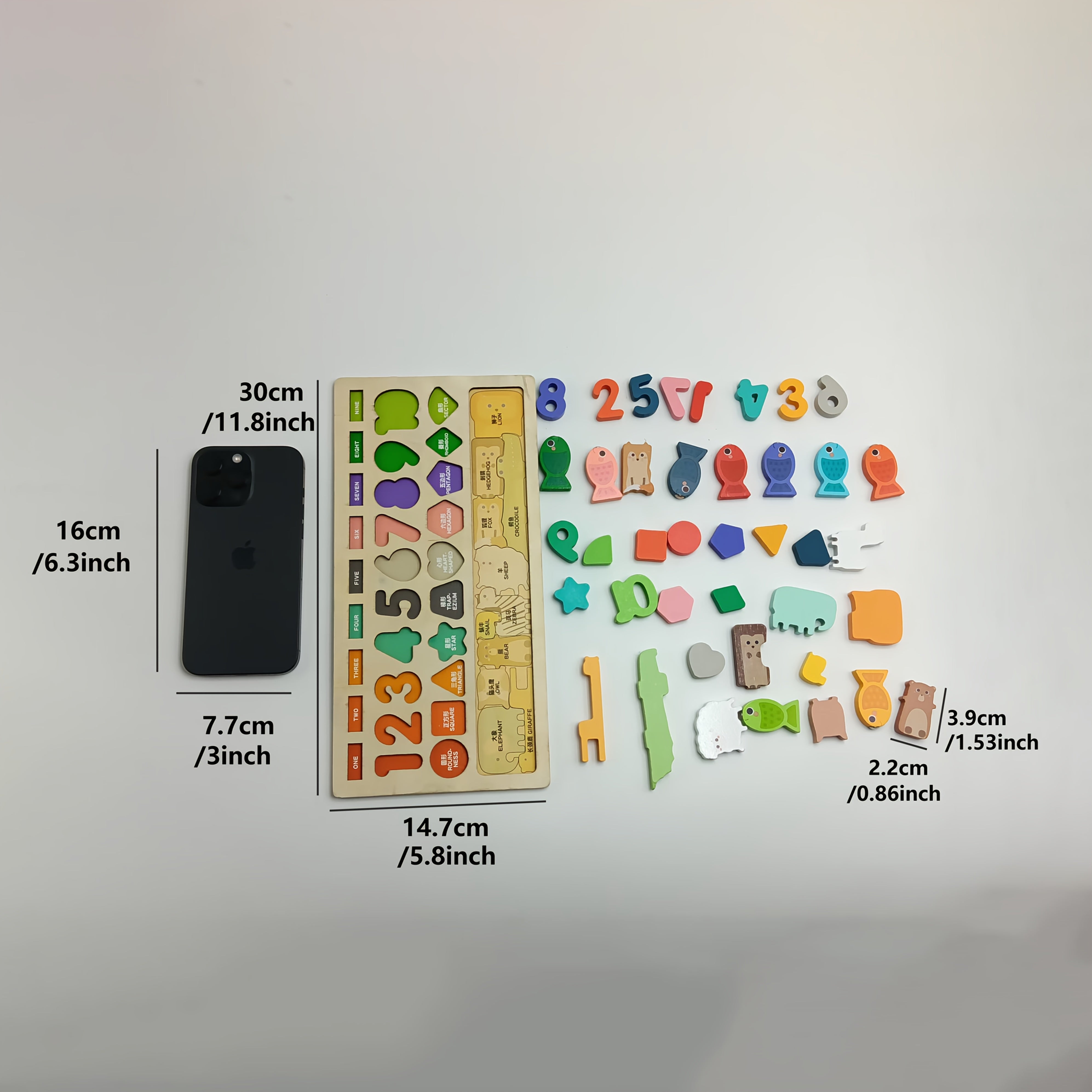 Juguete educativo de madera para niños de 0+ reconocimiento de formas de animales y números en color