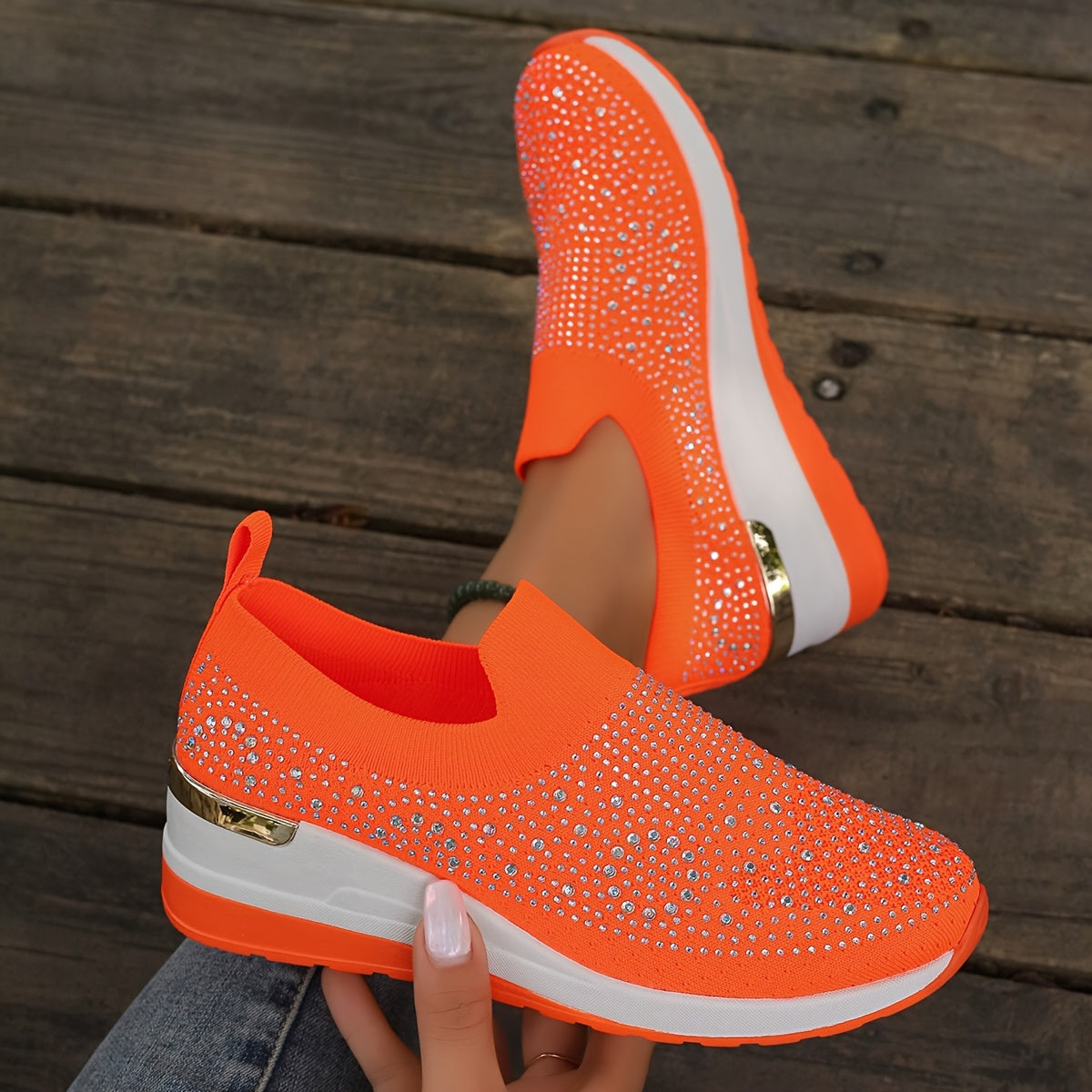 Women's Rhinestone Decor Platform Sneakers Casual Slip-On Outdoor Shoes