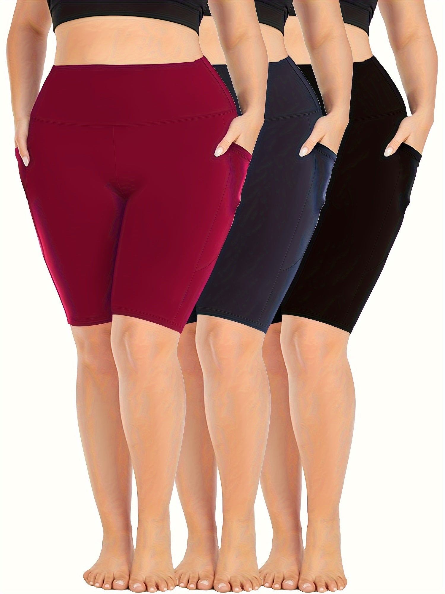 Women's High-Waist Biker Shorts Plus Size Crescent Moon Pockets Stretchy Polyester