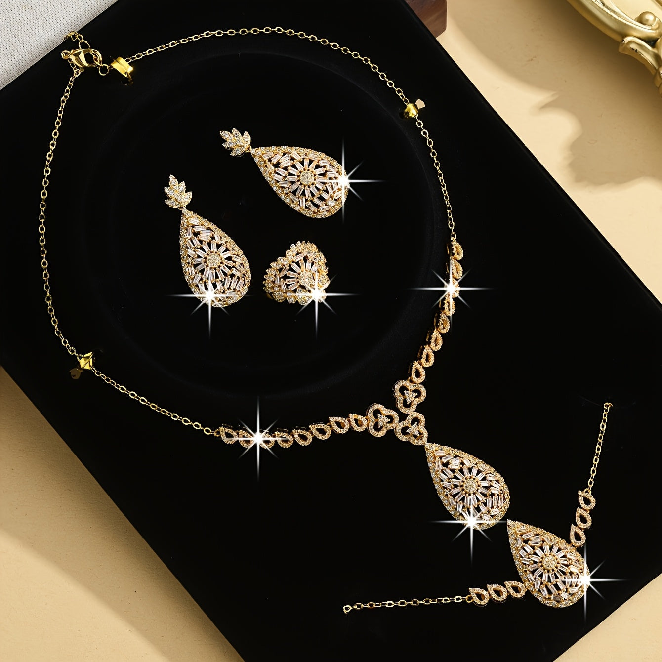 Gold-Plated Teardrop Jewelry Set for Women Necklace Earrings Bracelet Ring 5 Pieces