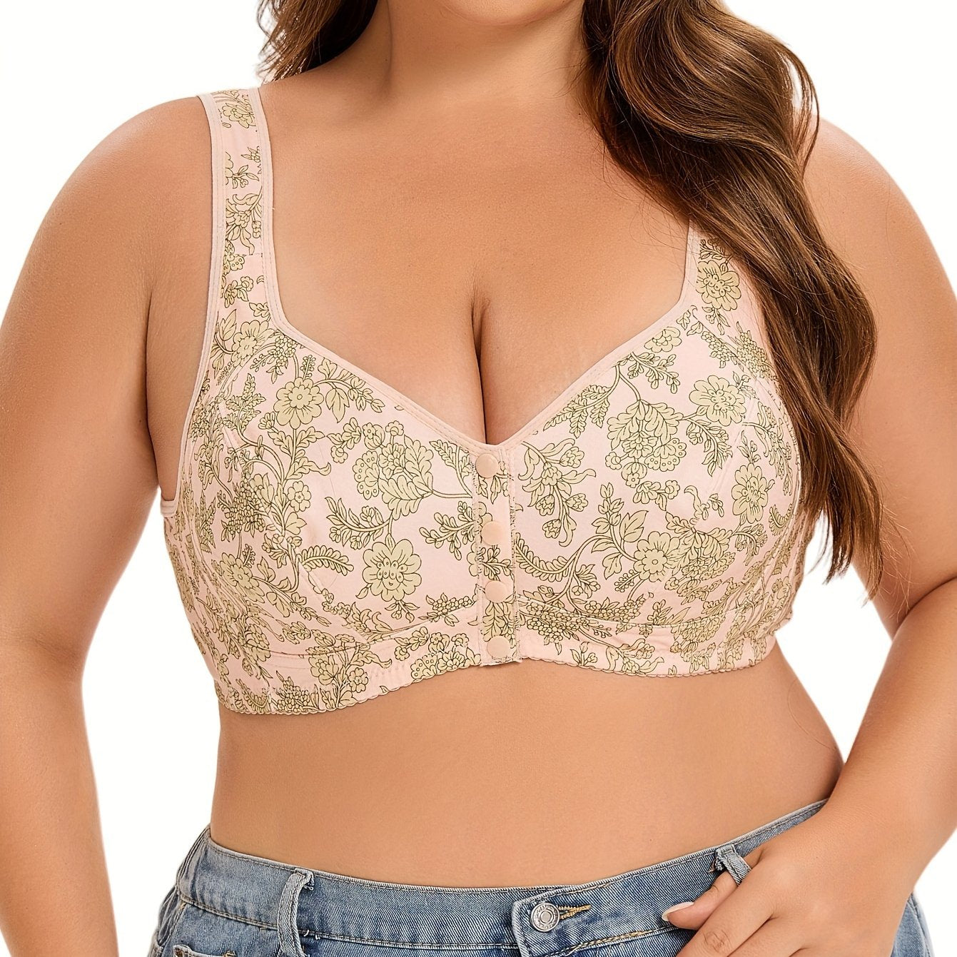 Plus Size Floral Knit Wireless Bralette with Front Button No Padding