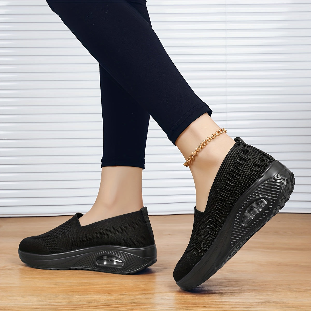 Women's Black Platform Sneakers with Air Cushion Breathable Fabric