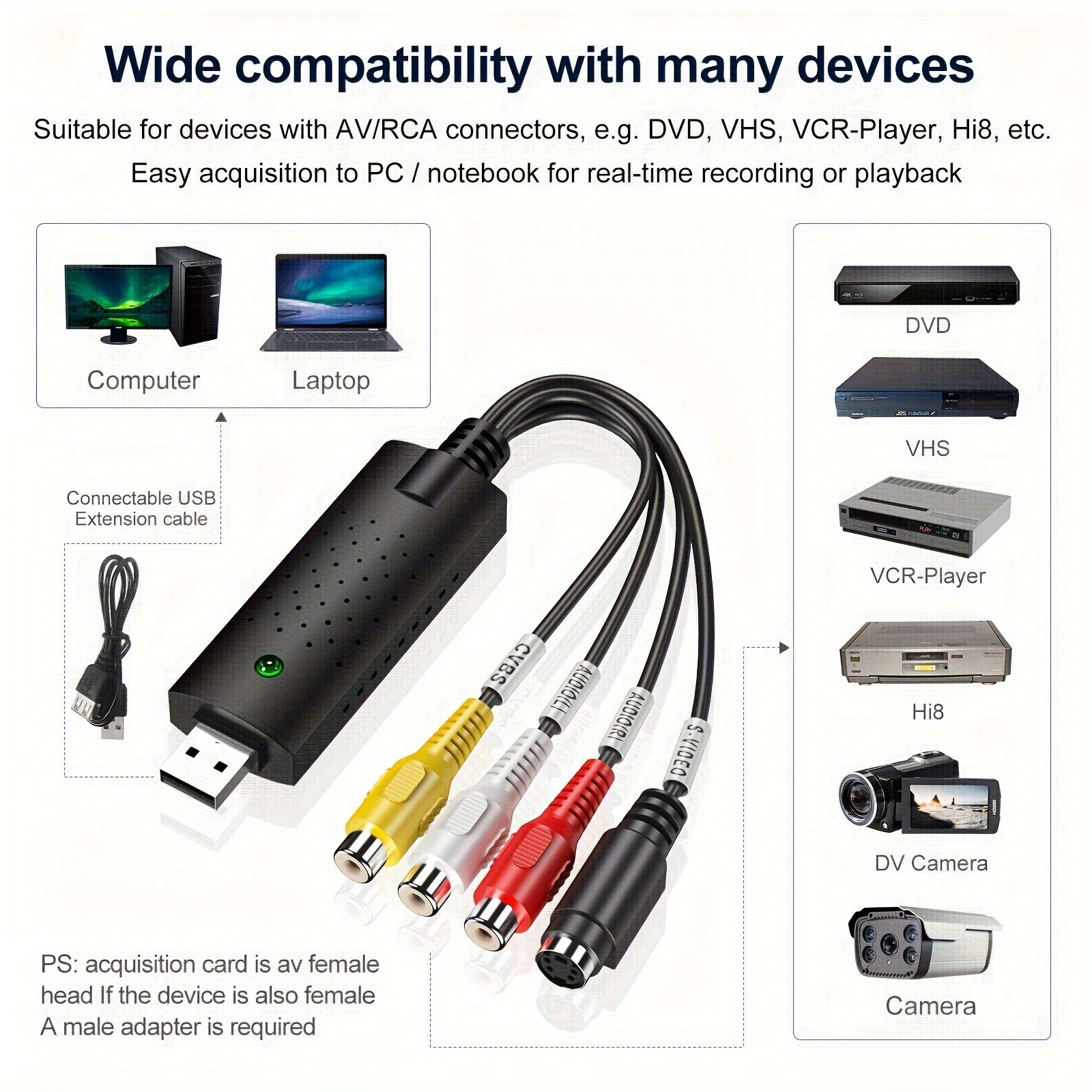 USB Video Capture Card RCA to HD 720P for VHS VCR Hi8 DV Tapes Compatible with PC Mac