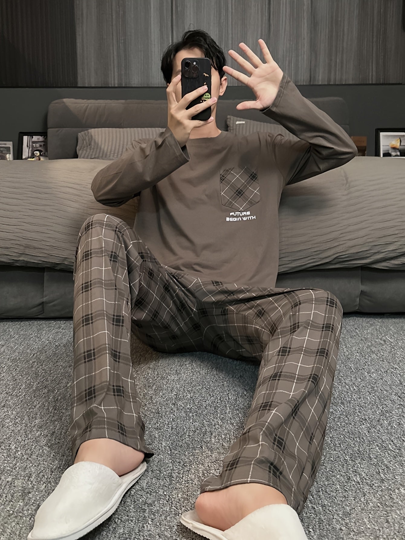 Men's Plaid Pajama Set Long Sleeve Loose Fit Spring Autumn Polyester