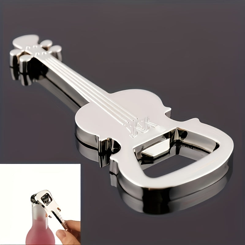 Silver Guitar-Shaped Metal Bottle Opener Keychain Mini Bar Tool Musical Instrument Design