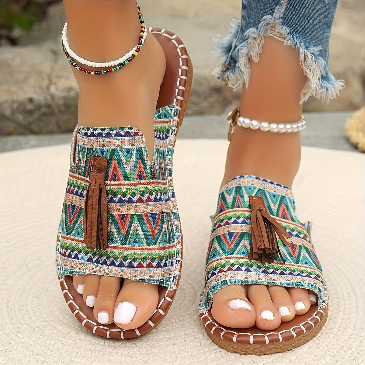 Women's Bohemian Fringe Sandals Colorful Striped Open Toe Beach Shoes