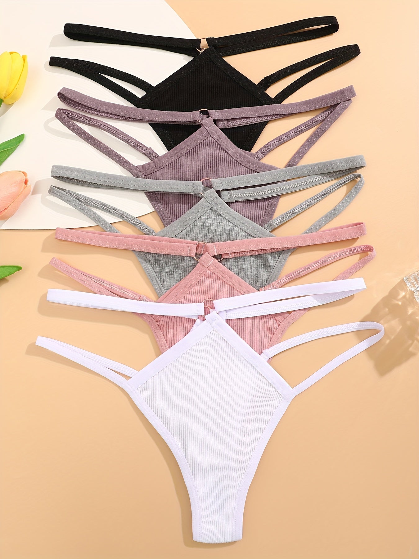 Women's Cotton Ribbed Thongs Set 5 Pieces Breathable Comfortable Stretchy