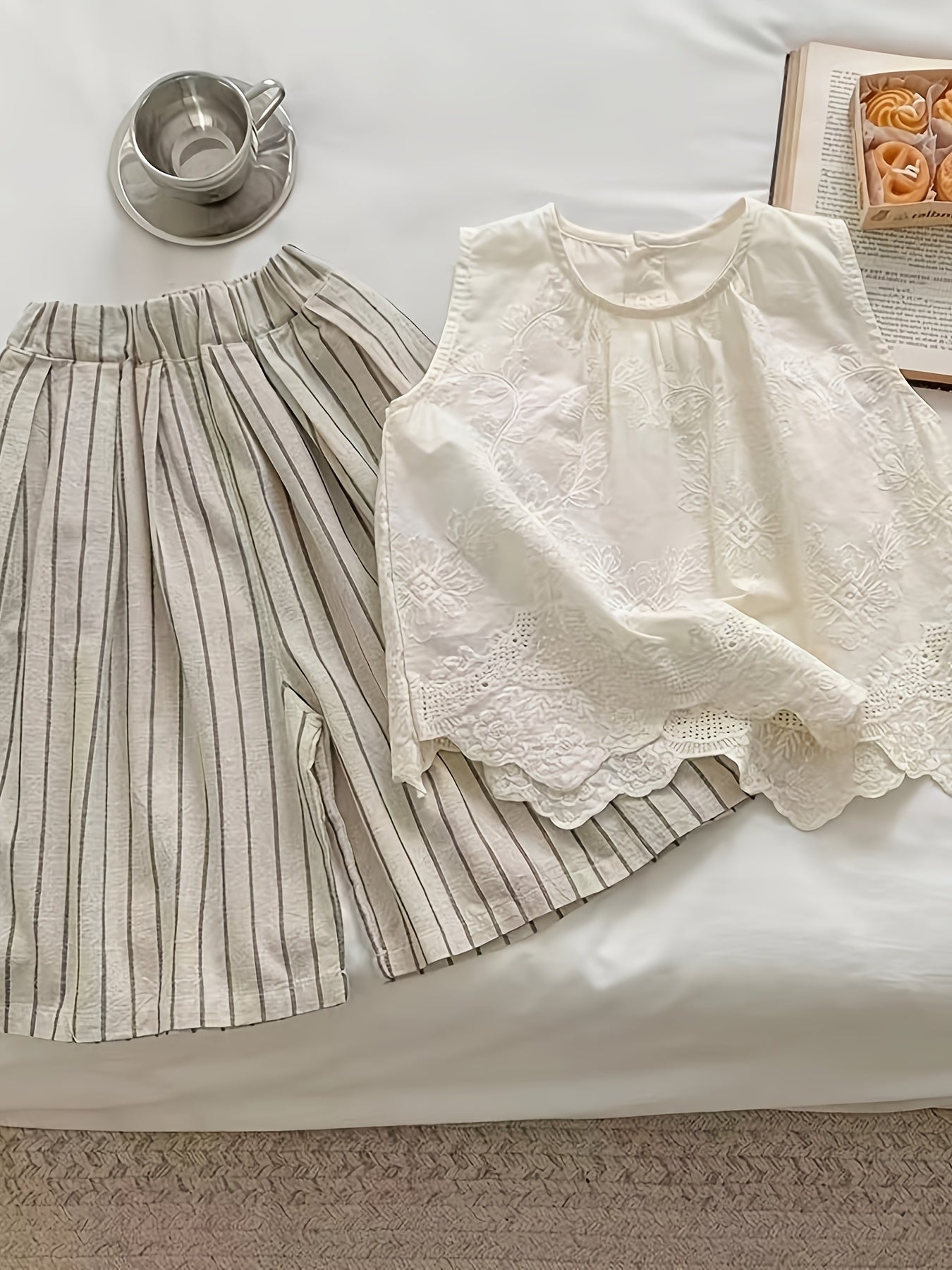 Girls Summer Outfit Cotton Striped Wide Leg Pants Sleeveless Vest Casual Style