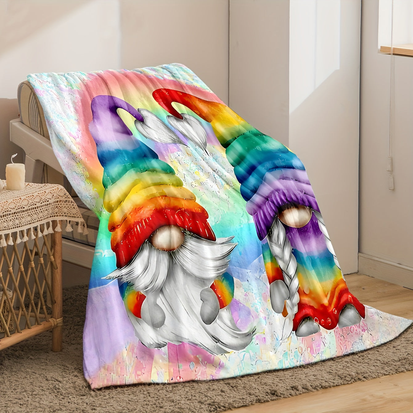 Contemporary Cartoon Gnome Throw Blanket Soft Knitted Polyester for Sofa Bed Travel