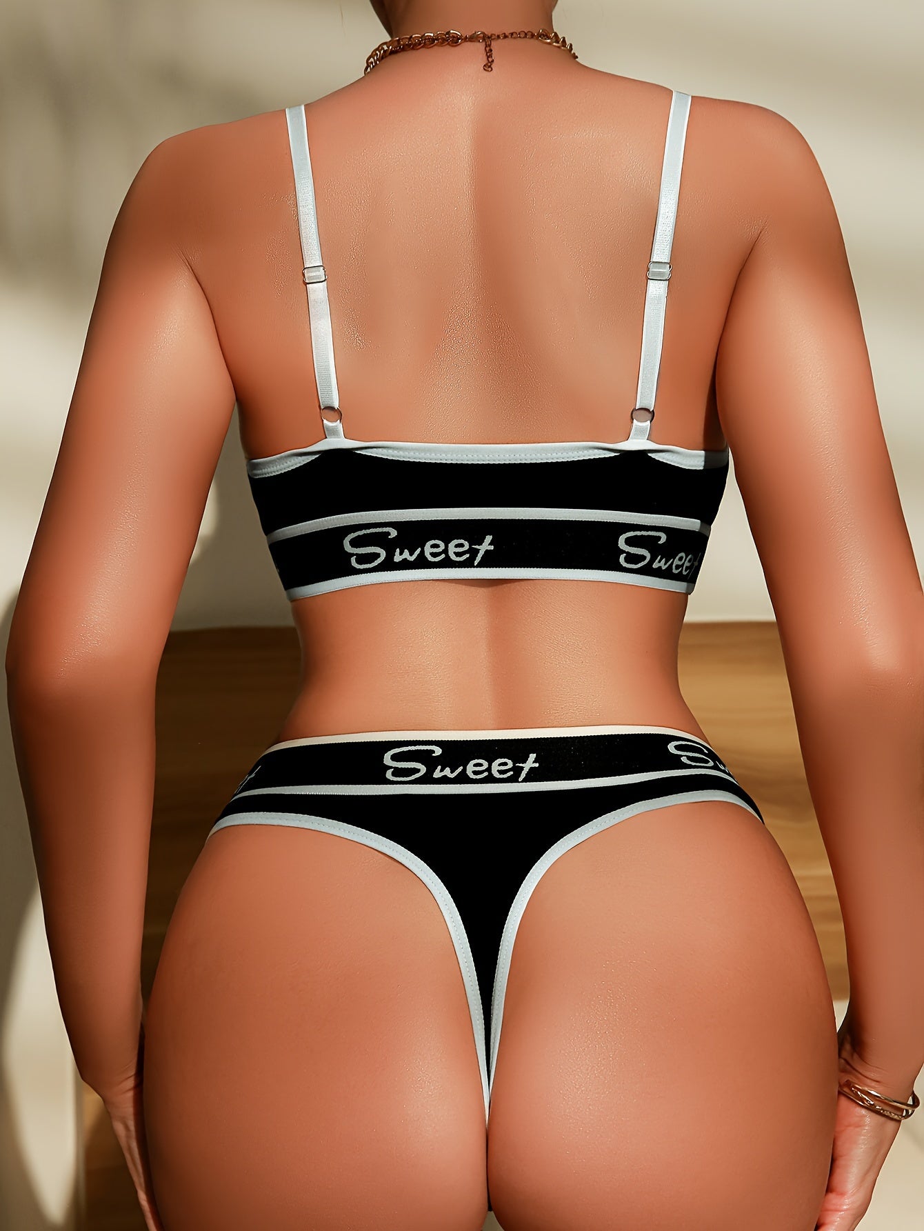 Women's Lingerie Set Bra and Briefs with Contrasting Letter Tape and Breathable V-Neck Design