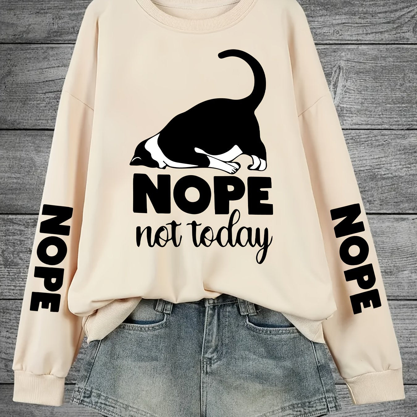 Plus Size Women's Cat Letter Print Sweatshirt Casual Long Sleeve Crew Neck