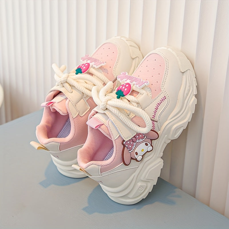Girls' Pink and White Cartoon Sneakers with Easy-On Closure for Casual Outdoor Wear