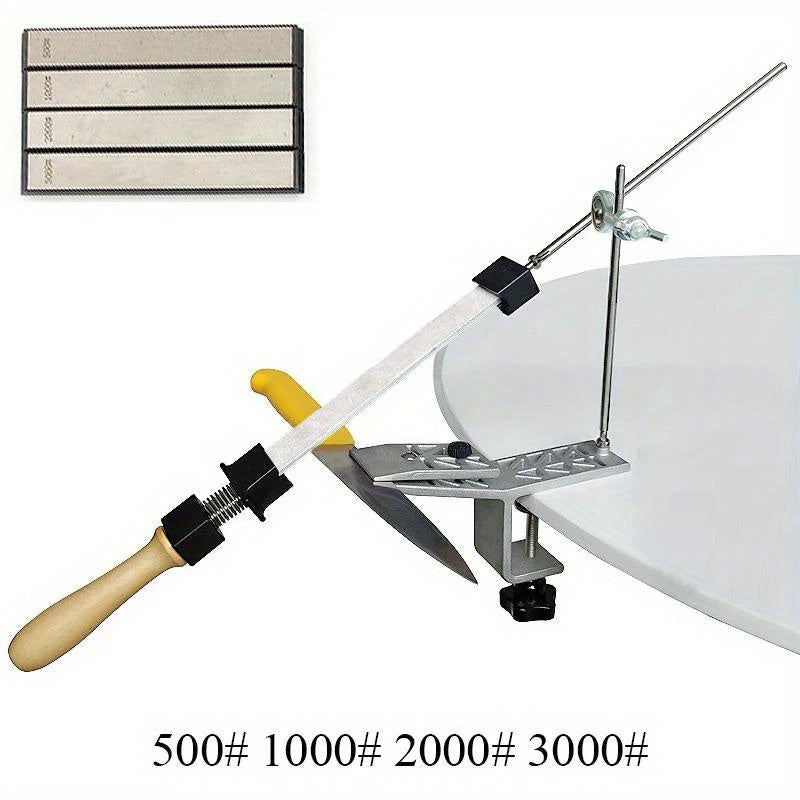 Qo'lda ishlovchi pichoqni sharshtirish uchun to'xtatilgan burchakdagi whetstone va sozlanadigan klamp bilan